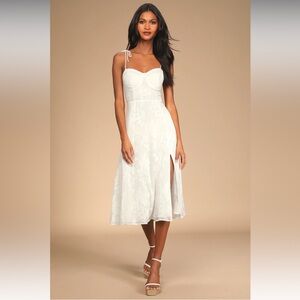 Loveliest Looks White Floral Jacquard Tie-Strap Midi Dress